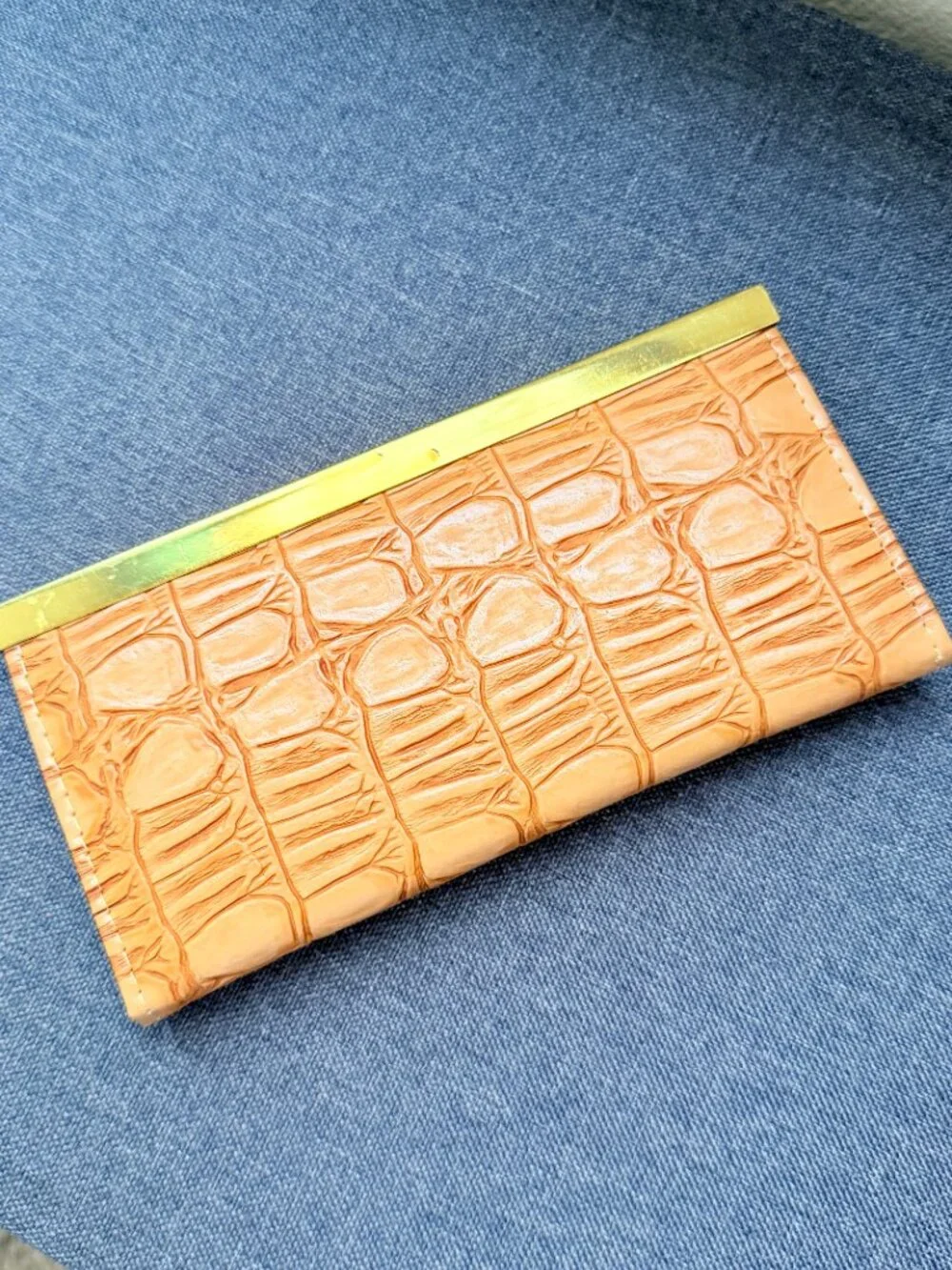 Faux Croc Print Kiss Lock Clutch